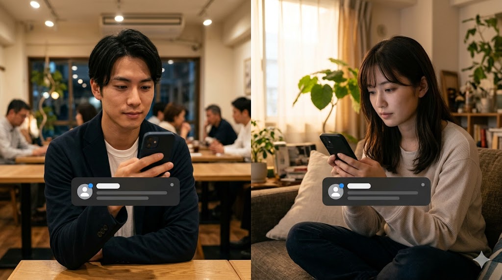マッチングアプリのメッセージ通知が表示されたスマホを、それぞれ異なる場所で眺める日本人男性と日本人女性