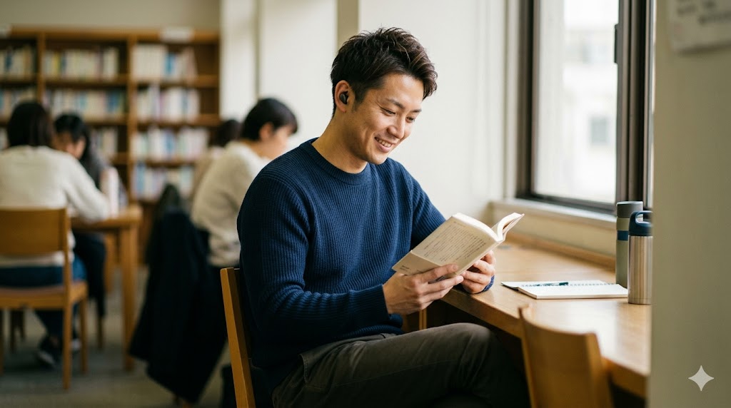 自宅のリビングで穏やかに微笑む日本人男性。一人の時間を楽しみ、孤独を肯定的に捉えている様子。