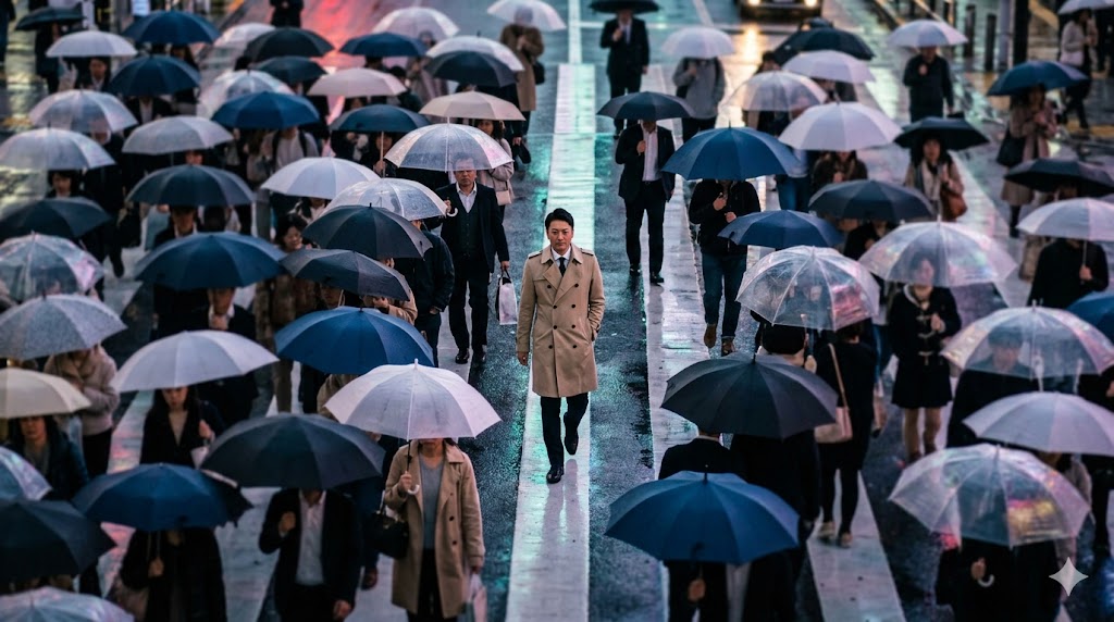 雨の東京のスクランブル交差点で、大勢の傘の群れとは逆方向に、傘を持たずトレンチコートで静かに歩く日本人男性。同調圧力を避ける賢い選択を象徴。