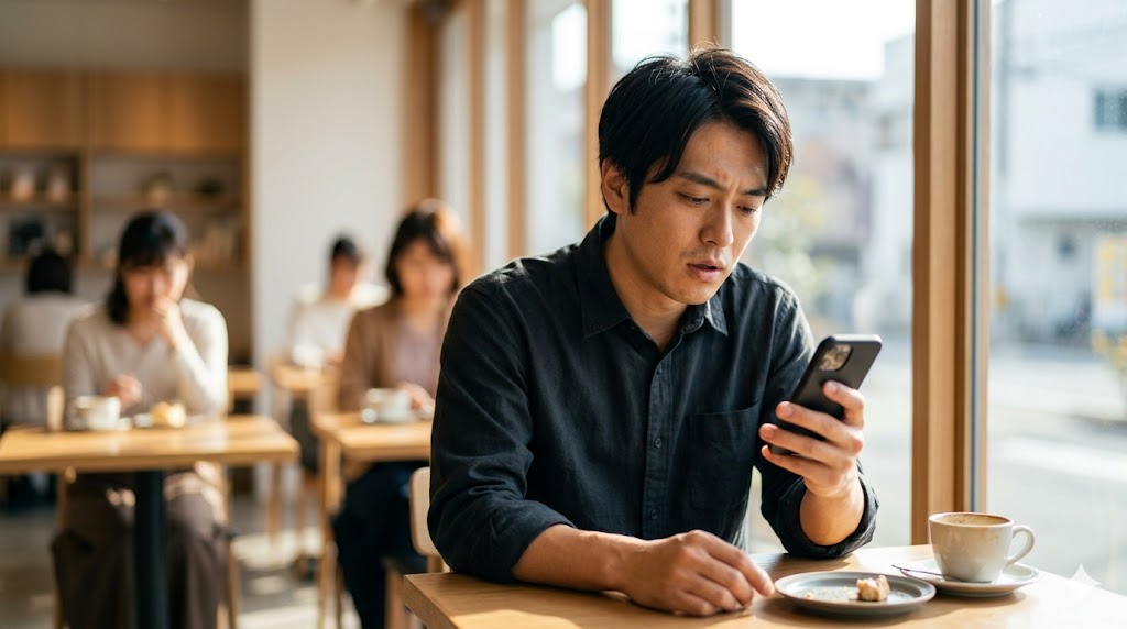 相手からの反応が薄く、会話を続けることに疲れて諦めを感じている日本人男性の様子
