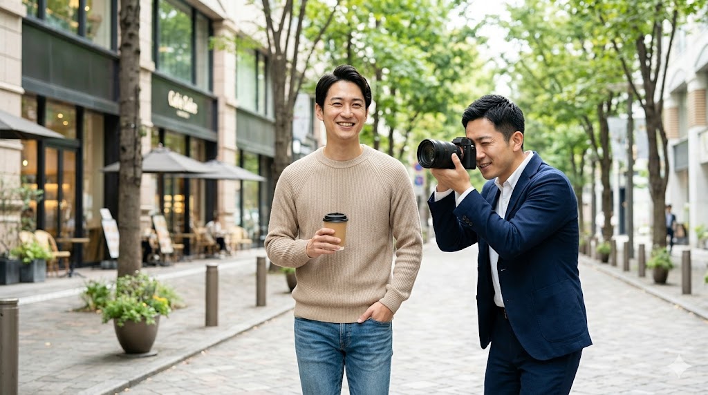 スタジオやカフェ、街中など、マッチングアプリ用写真の様々な撮影シチュエーションのイメージ