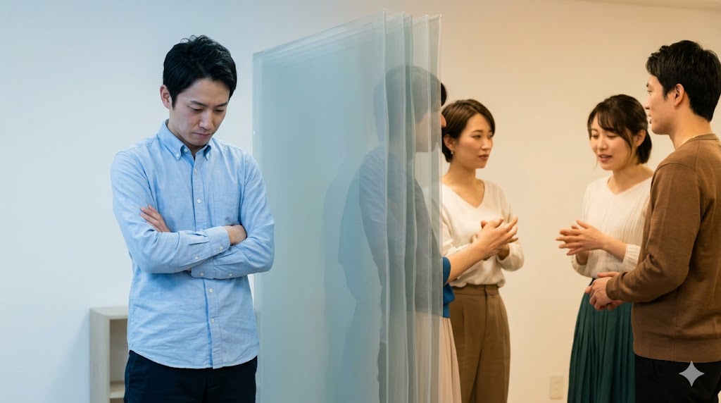 社交的な場から一歩引き、心理的な壁を感じている日本人男性。