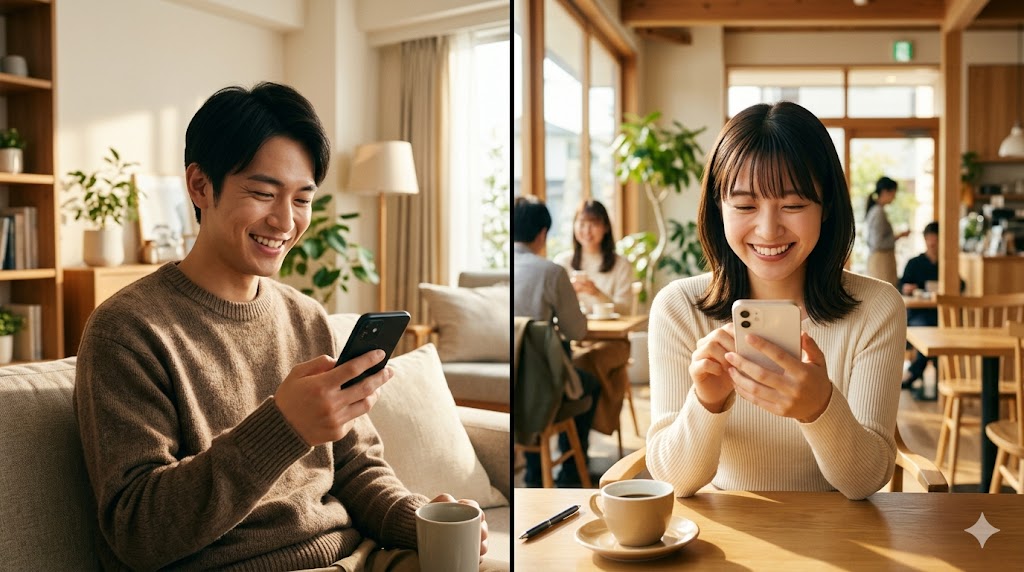 温かい雰囲気の中で、スマートフォンを通じて楽しくメッセージ交換をしている日本人の男女。