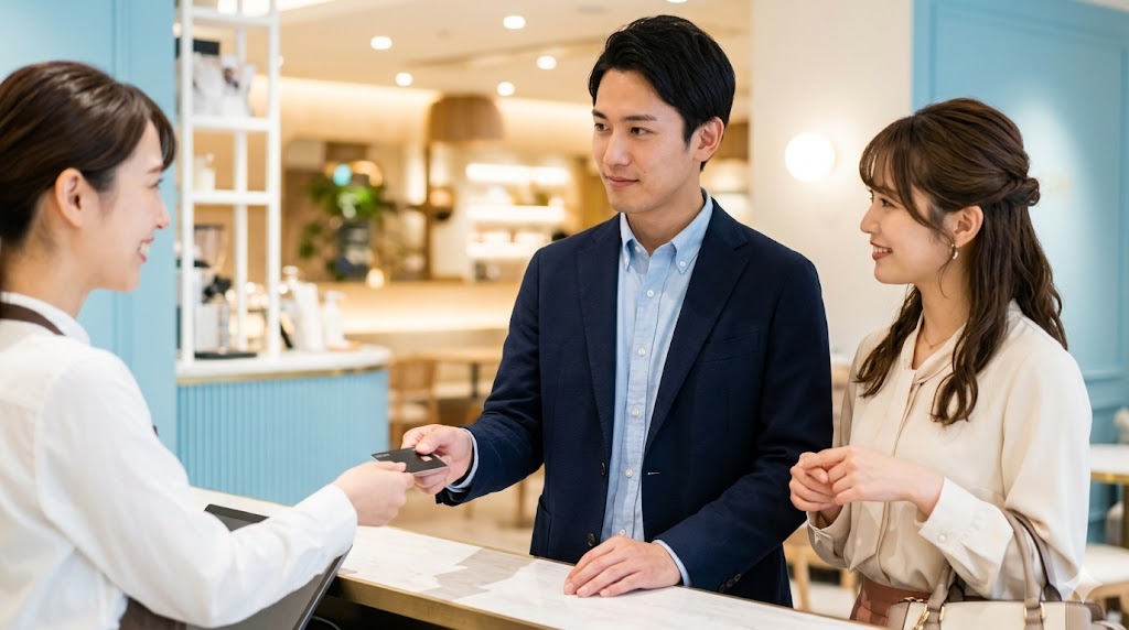 マッチングアプリの初デートでスマートに会計を行う日本人男性と、感謝の仕草を見せる日本人女性。レストランの洗練された雰囲気の中で、スナップ写真のような自然な瞬間。