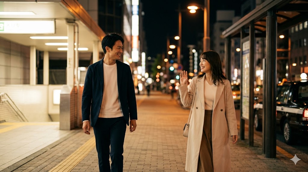 東京の夜、デートを終えて笑顔で別れる日本人カップル。解散直後の余韻と心地よい連絡のタイミングを表現。