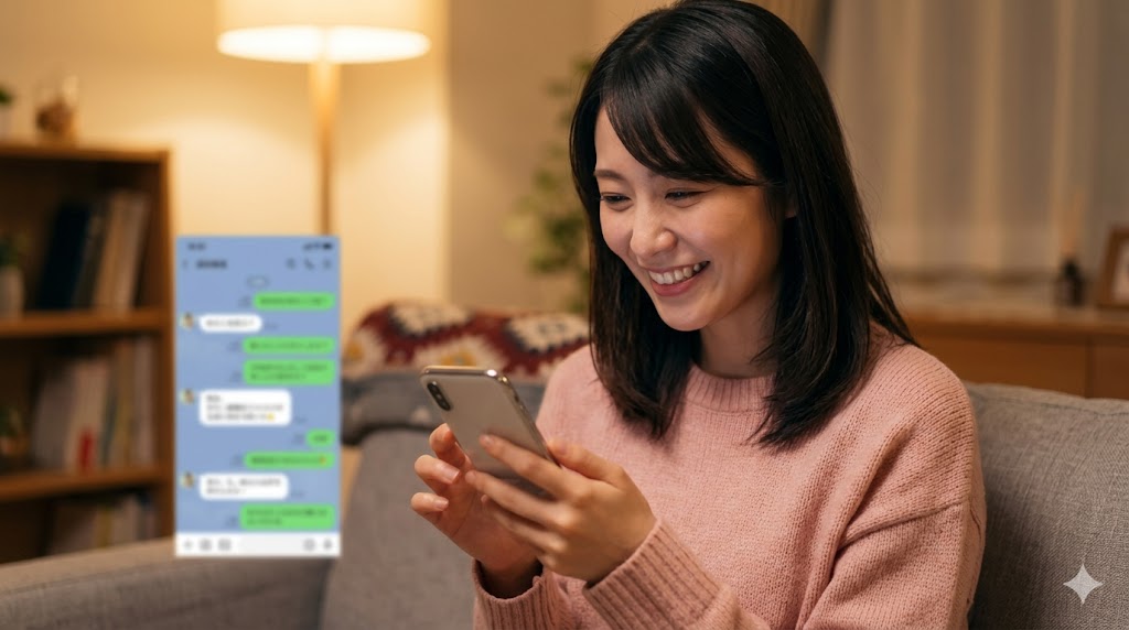 マッチングアプリで出会った2回目のデートを楽しむ、笑顔で会話する日本人カップル。