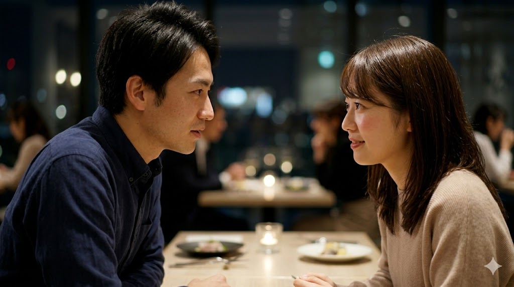 マッチングアプリで出会った日本人カップルが、交際前の真剣な様子で会話する、落ち着いたレストランのディナー風景。2人の表情から誠実な関係構築が伺える。