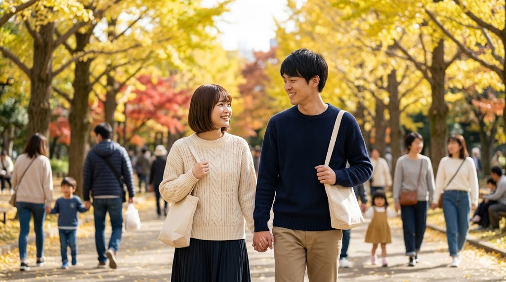 マッチングアプリを通じてお付き合いが始まった日本人カップル（前作image_1.pngの2人）が、東京の公園を散歩している。紅葉が始まった木々の中、笑顔で手を取り合い、二人の関係が真剣な次のステップへ進んだことを象徴する、安心感と絆を感じる瞬間。背景のボケは前作までのカフェ環境と統一されている。