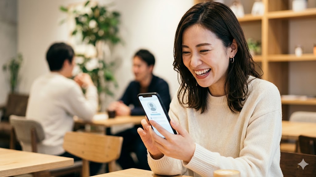 カフェで嬉しそうにスマートフォンのマッチングアプリ画面を操作する日本人女性。E-E-A-T向上のためのイメージ。