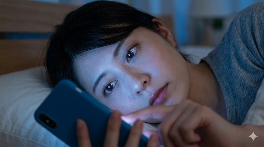 夜、暗い部屋でスマートフォンの画面を見つめ、他人の投稿に羨望と孤独を感じる若い日本人女性。
