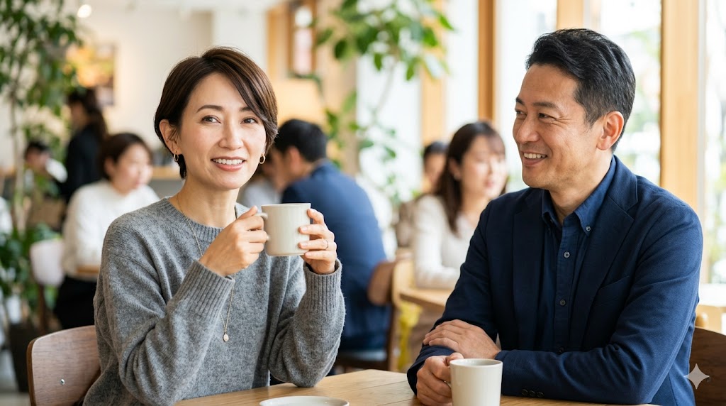 カフェで一人の時間を楽しみながら、自分らしいライフスタイルを満喫している50代の日本人女性と男性のイメージ。