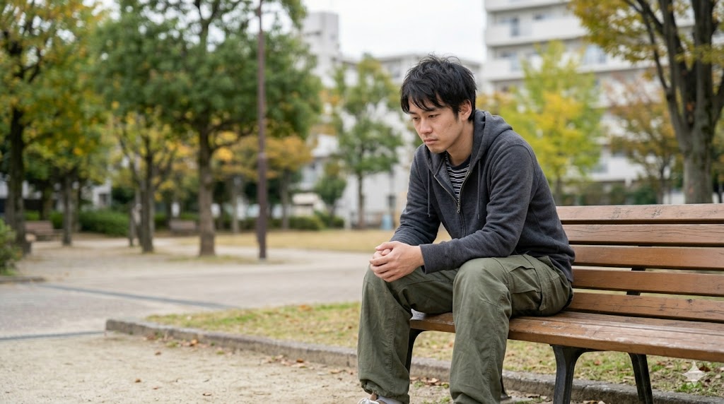 公園のベンチに一人で座り、俯きがちに何かを見つめる高齢の日本人男性。退職後の孤独と社会的な孤立を感じさせる、静かで寂しげな光景。
