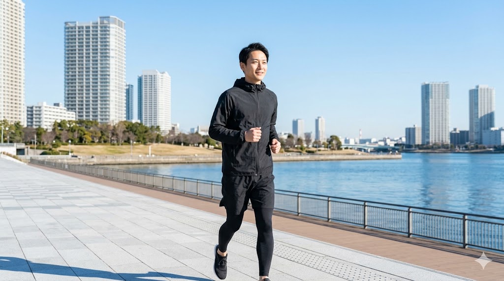 マッチングアプリのサブ写真におすすめな、朝の爽やかな光の中でランニングを楽しむ健康的な日本人男性の他撮り写真。