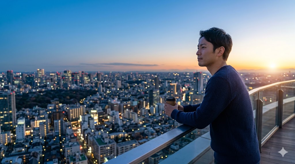 夕暮れの展望台から静かに街を見下ろし、深い孤独感と向き合う日本人の男性。16:9。テキストなし。