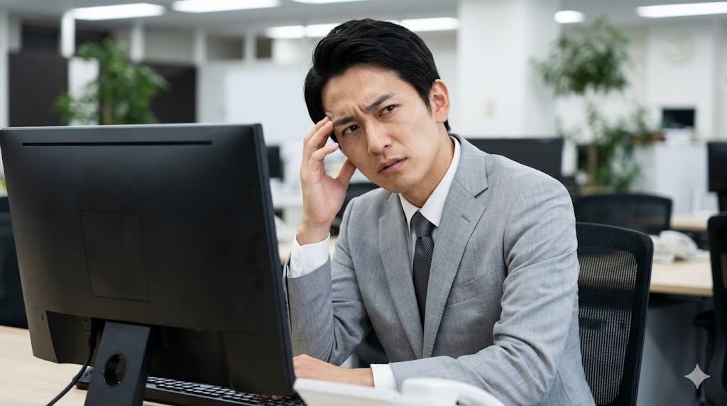 職場のデスクで、何かを教えられている最中にメモを取らず、ただ座ってぼんやりと別の方向を見ているアジア人女性。周囲の疲弊を暗示する状況。