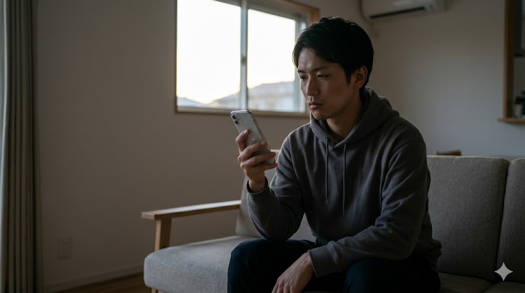 誰もいない静かな和室で、日本人の男性が一人、少しアンニュイな表情でスマートフォンの画面を見つめている様子を描写しています。通知が鳴らない、静かな時間を象徴し、「あるある」のエピソードへの導入として読者の視覚的な共感を促進します。