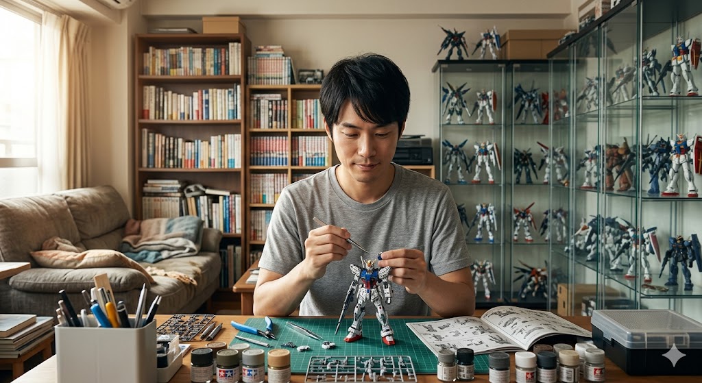 自宅の静かな部屋で、一人で模型作りに没頭する内向的な日本人男性。一人の時間を愛する心理を表現。