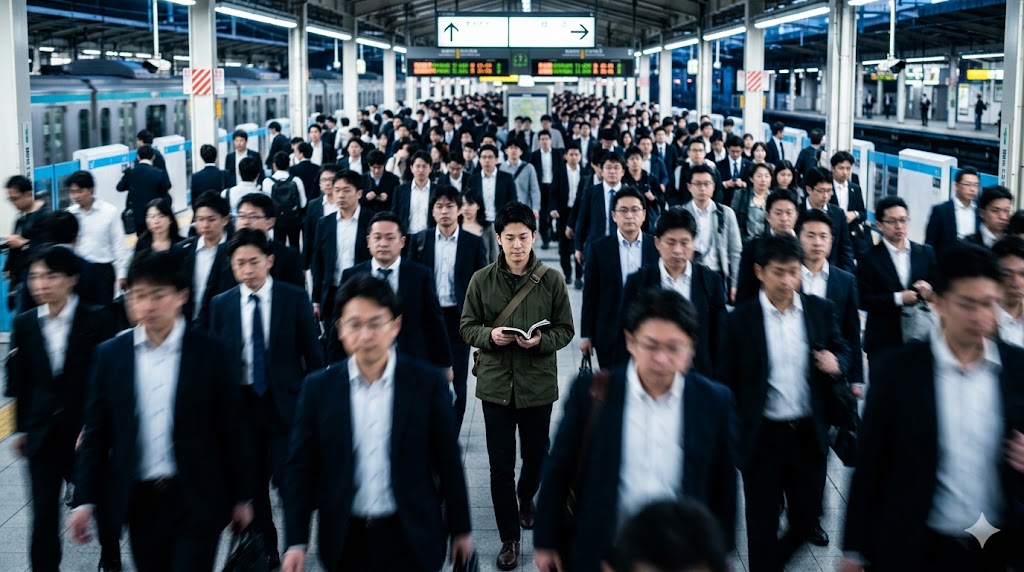 多くの通勤客が行き交う日本の駅構内で、一人離れて歩く日本人男性。社会人男性の交友関係の希薄さと、友達がいない状態の一般性を象徴。