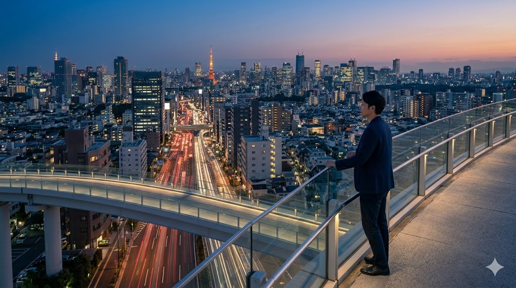 煌々と輝く都会の夜景を一人で見つめる人物。大勢の人が行き交う街の中で、個としての静かな時間を過ごす様子。