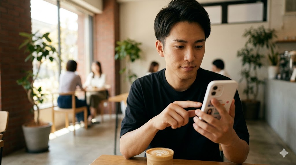 マッチングアプリで足跡だけ残る心理を考えながらスマートフォンを見つめる男性