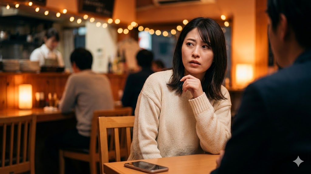デート中に強引な誘いや夜遅い時間の提案を受け、困惑し距離を置こうとする日本人女性。ヤリモク・既婚者への警戒。