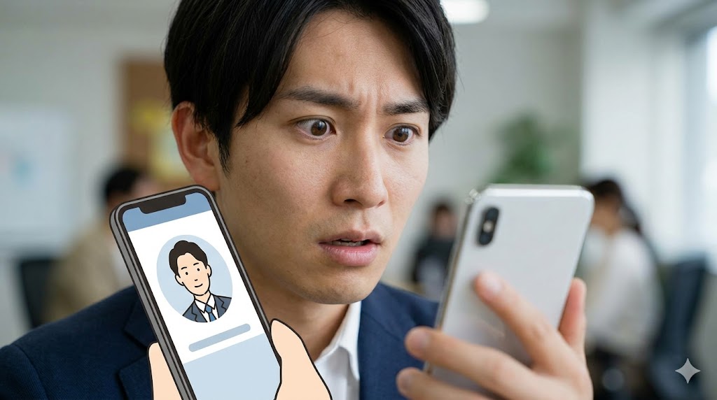 マッチングアプリをチェック中に、不意に職場の同僚と思われる人物のプロフィール写真を見つけ、驚きと戸惑いの表情を浮かべる日本人男性の接写。スマホ画面はシンプルで文字はない。