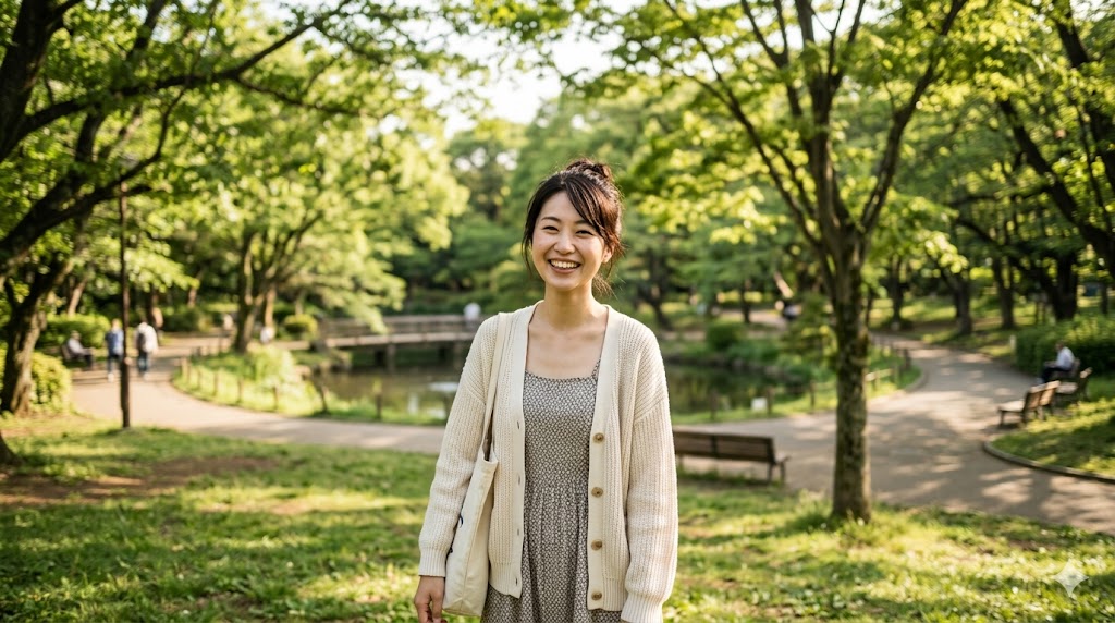 公園の自然光の下でリラックスした表情を見せる日本人女性の自然な笑顔の写真