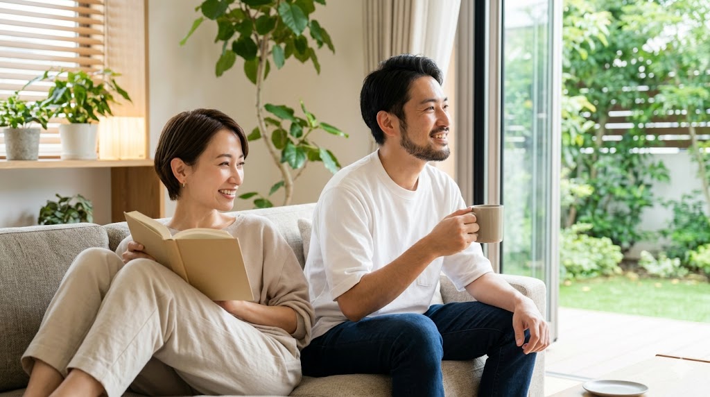 明るいリビングで、本を読む女性とコーヒーを飲む男性の日本人カップル。インドアとアウトドアのバランスの良い生活をイメージ。