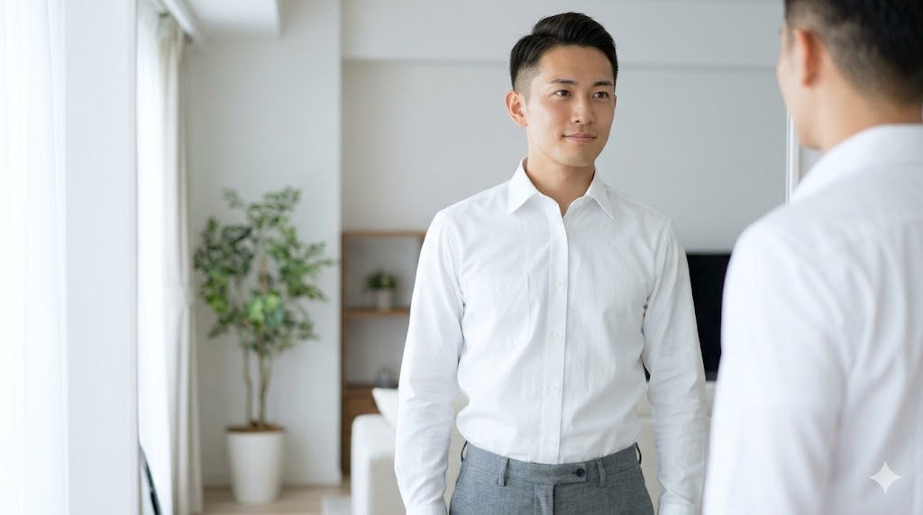 鏡の前で清潔感のある身だしなみを確認する、白いシャツを着た日本人男性