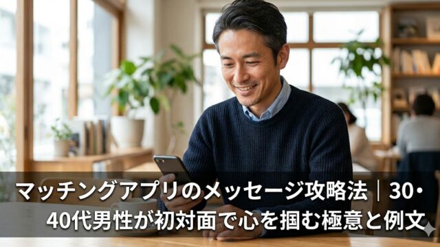 カフェでスマートフォンを見ながら笑顔でメッセージを入力する30・40代の男性の画像。下部には「マッチングアプリのメッセージ攻略法｜30・40代男性が初対面で心を掴む極意と例文」という記事タイトルが記載されている。