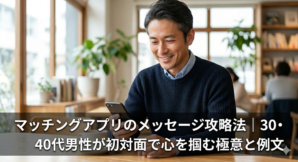 カフェでスマートフォンを見ながら笑顔でメッセージを入力する30・40代の男性の画像。下部には「マッチングアプリのメッセージ攻略法｜30・40代男性が初対面で心を掴む極意と例文」という記事タイトルが記載されている。