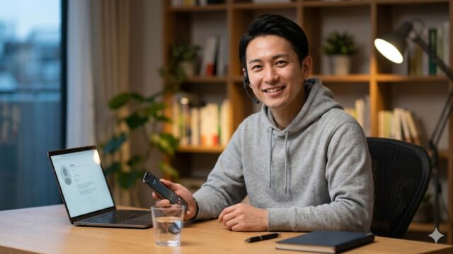 イヤホンマイクを装着し、笑顔でスマートフォン通話の準備をする日本人男性。静かなデスク環境と事前準備の重要性を表現。