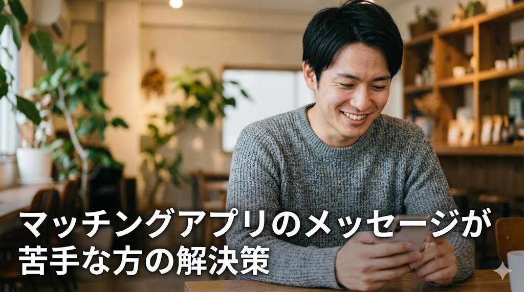 カフェでスマートフォンを見ながら、安堵したような明るい笑顔を浮かべる若い日本人男性。マッチングアプリのメッセージに悩む人が解決策を見つけた前向きな瞬間を表現。画像下部に記事タイトル「マッチングアプリのメッセージが苦手な方の解決策」の文字入り。