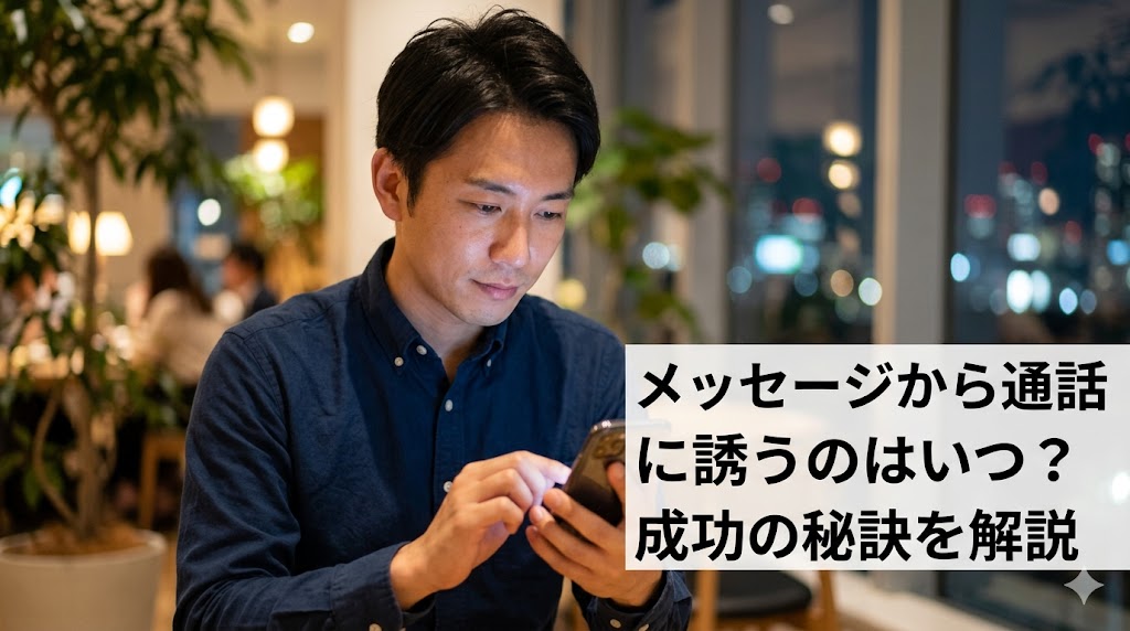マッチングアプリでメッセージから通話に誘うタイミングをスマートフォンを見つめて思索する日本人男性のアイキャッチ画像。記事タイトル『メッセージから通話に誘うのはいつ？成功の秘訣を解説』のテキスト入り。
