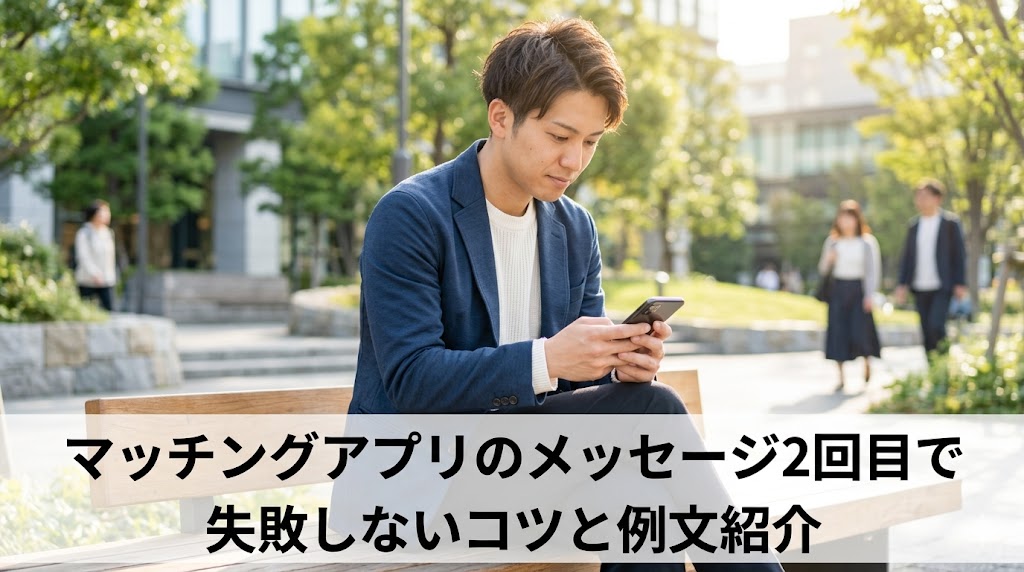 公園のベンチで、マッチングアプリの2通目のメッセージ作成に集中する日本人男性の写真。画像下部に「マッチングアプリのメッセージ2回目で失敗しないコツと例文紹介」のテキストが挿入されている。