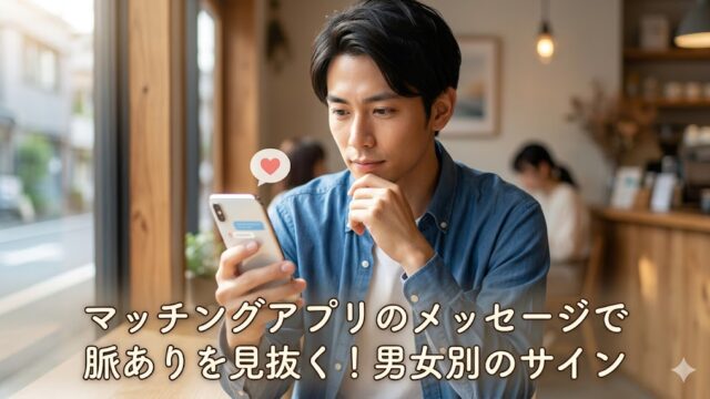 東京のカフェで、スマートフォンを見つめながらマッチングアプリのメッセージを読み、好意のサインを真剣に考える、カジュアルなシャツを着た日本人男性の実際の写真。画像の下部には「マッチングアプリのメッセージで脈ありを見抜く！男女別のサイン」というタイトルが自然に配置されている。