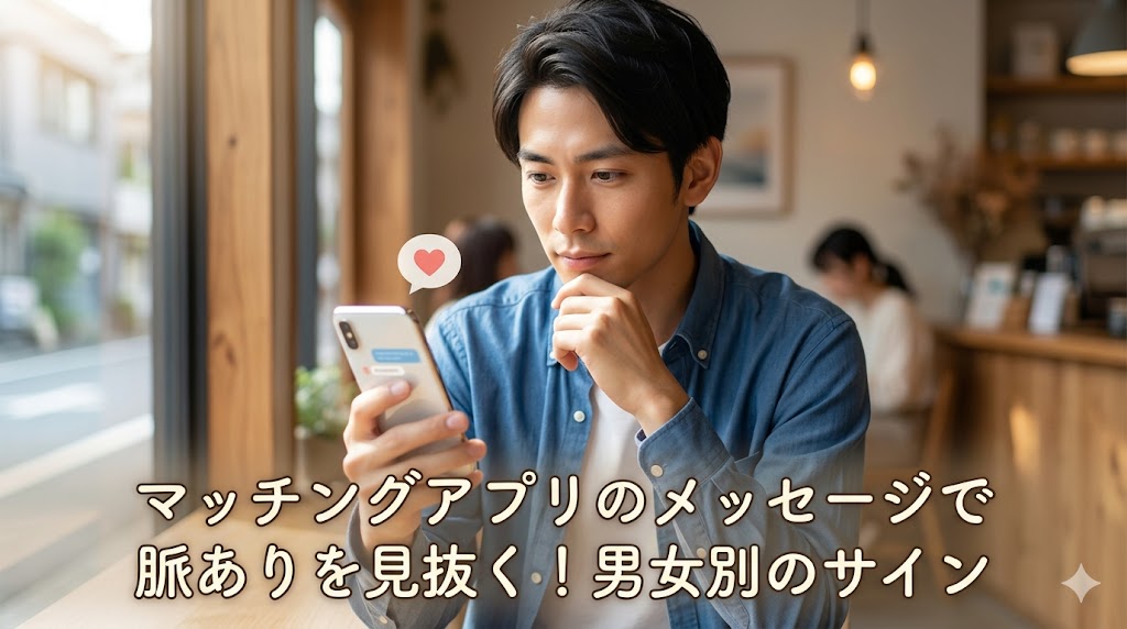 東京のカフェで、スマートフォンを見つめながらマッチングアプリのメッセージを読み、好意のサインを真剣に考える、カジュアルなシャツを着た日本人男性の実際の写真。画像の下部には「マッチングアプリのメッセージで脈ありを見抜く！男女別のサイン」というタイトルが自然に配置されている。