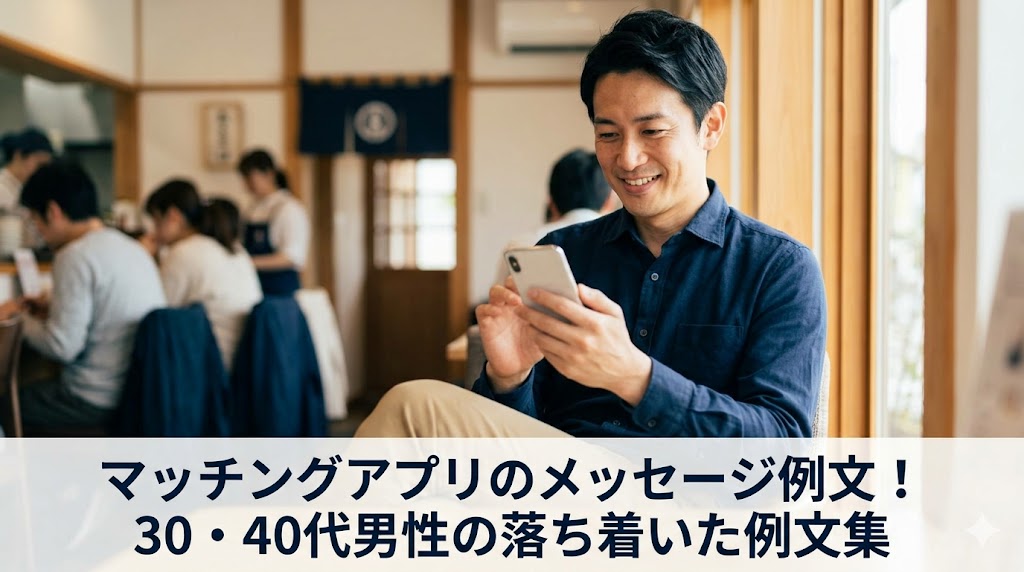 カフェでスマートフォンを操作する、落ち着いた大人の雰囲気の30代後半の日本人男性と、記事タイトル「マッチングアプリのメッセージ例文！30・40代男性の落ち着いた例文集」が下部に配置されたアイキャッチ画像。誠実な婚活メッセージの作成を連想させる実写写真。