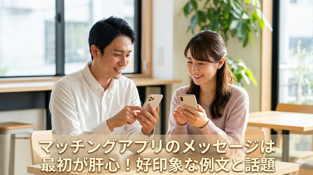 マッチングアプリで最初のメッセージを送る、笑顔の日本人男女。記事「マッチングアプリで最初のメッセージを送るコツ」のアイキャッチ画像。