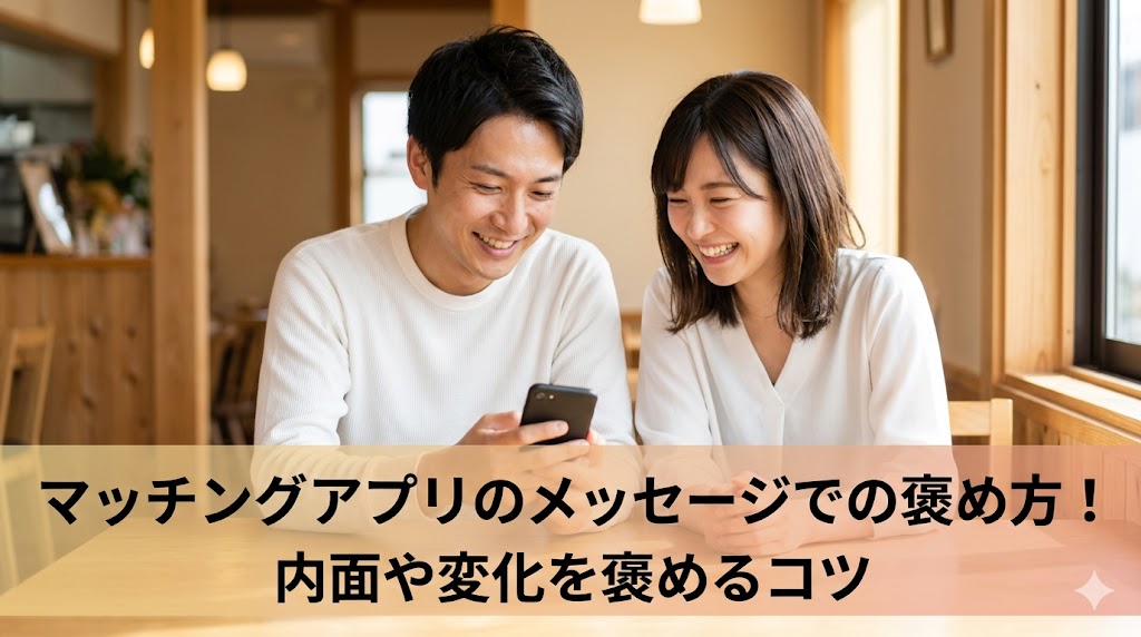 カフェでスマートフォンを見ながら仲良く微笑む日本人の男女。画像下部には記事タイトル「マッチングアプリのメッセージでの褒め方！内面や変化を褒めるコツ」のテキスト。