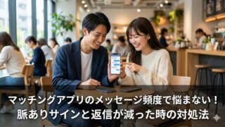 カフェで笑顔のマッチングアプリ画面を共有し、楽しそうに話す日本人カップルのアイキャッチ画像。下部には記事タイトル「マッチングアプリのメッセージ頻度で悩まない！脈ありサインと返信が減った時の対処法」が記載されている。