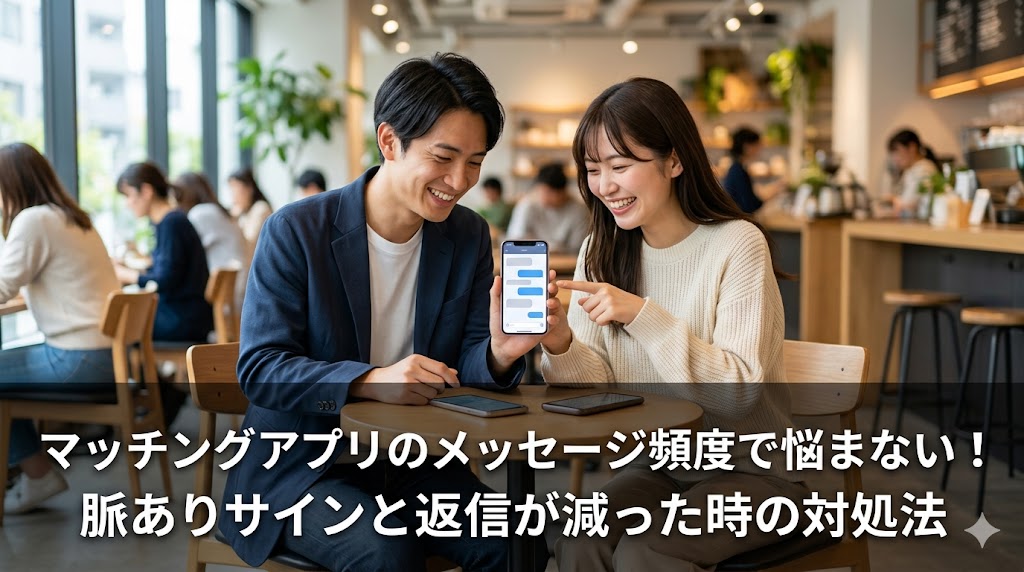 カフェで笑顔のマッチングアプリ画面を共有し、楽しそうに話す日本人カップルのアイキャッチ画像。下部には記事タイトル「マッチングアプリのメッセージ頻度で悩まない！脈ありサインと返信が減った時の対処法」が記載されている。
