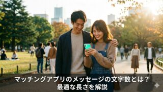 公園でスマートフォンを見ながら笑顔で歩く若い日本人カップルのアイキャッチ画像。