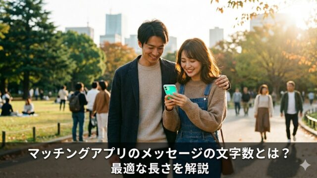 公園でスマートフォンを見ながら笑顔で歩く若い日本人カップルのアイキャッチ画像。