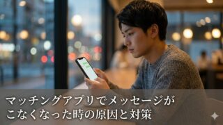 カフェで一人、スマートフォンを眺めて考え込む日本人の若い男性。夕暮れの街の明かりが窓の外に滲む中、マッチングアプリのメッセージが途絶えたことへの悩みと、その対策を見つけようとする静かな決意を感じさせるアイキャッチ画像。下部には「マッチングアプリでメッセージがこなくなった時の原因と対策」というタイトルが白文字で入っています。