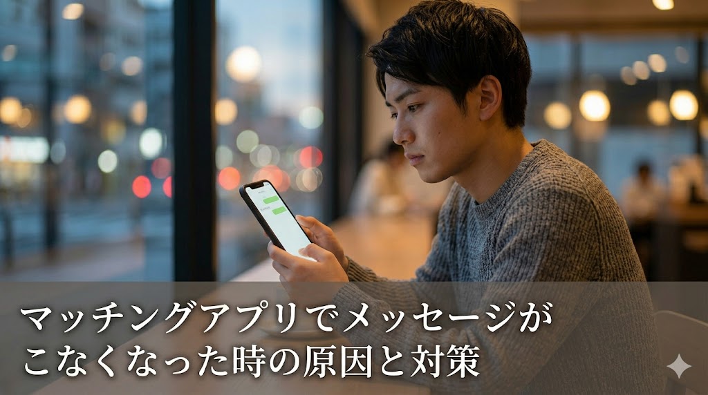 カフェで一人、スマートフォンを眺めて考え込む日本人の若い男性。夕暮れの街の明かりが窓の外に滲む中、マッチングアプリのメッセージが途絶えたことへの悩みと、その対策を見つけようとする静かな決意を感じさせるアイキャッチ画像。下部には「マッチングアプリでメッセージがこなくなった時の原因と対策」というタイトルが白文字で入っています。