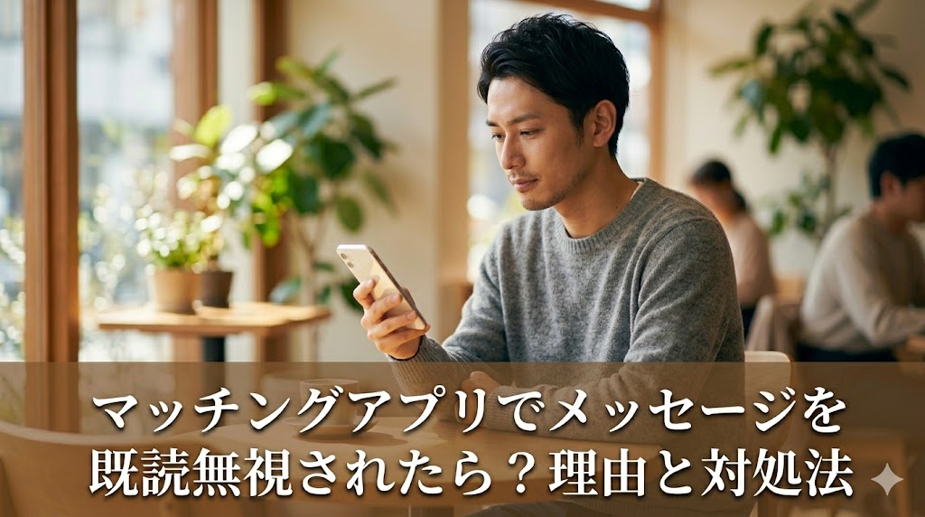 マッチングアプリで既読無視され、カフェで不安げにスマホを見つめる日本人女性