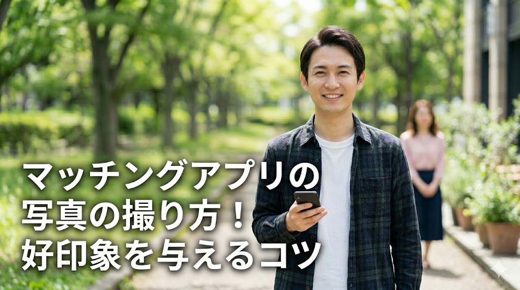 マッチングアプリの自己紹介の写真を撮っている男性