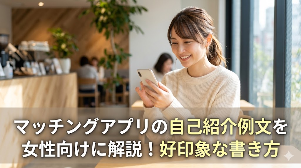 明るいカフェで笑顔でスマートフォンを見る日本人女性の実写写真。画像下部に「マッチングアプリの自己紹介例文を女性向けに解説！好印象な書き方」という記事タイトルが、読みやすい白とpale yellowの文字で表示されている。