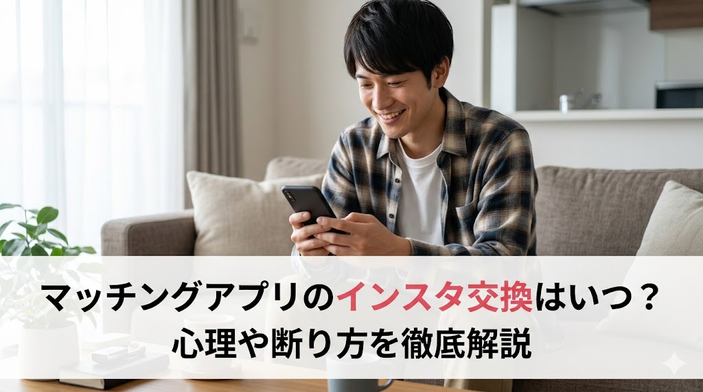 マッチングアプリとインスタ交換について、心理やタイミング、上手な断り方を徹底解説。スマホを見る男性。